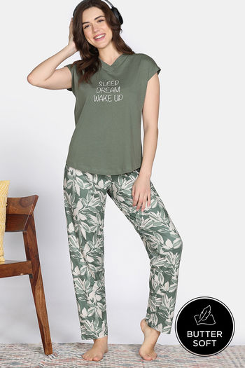 Buy Zivame Olive Hours Knit Poly Pyjama Sets - Four Leaf Clover